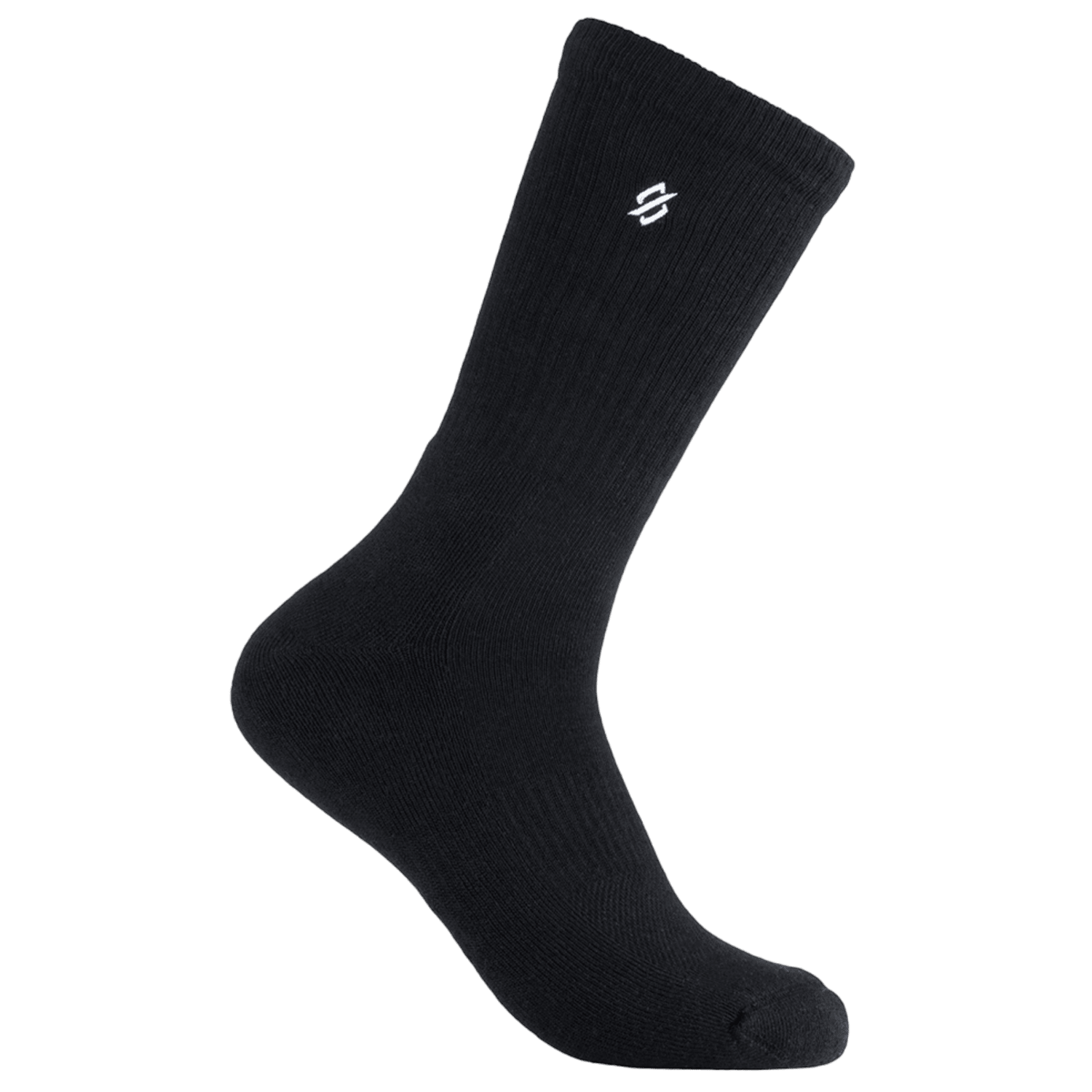 A single StringKing Athletic Crew Sock in black is displayed against a white background. The sock, featuring a small white Stringking logo near the top, is made of ribbed material extending to mid-calf length. Crafted with TENCEL fibers, it offers enhanced arch support for maximum comfort and performance.