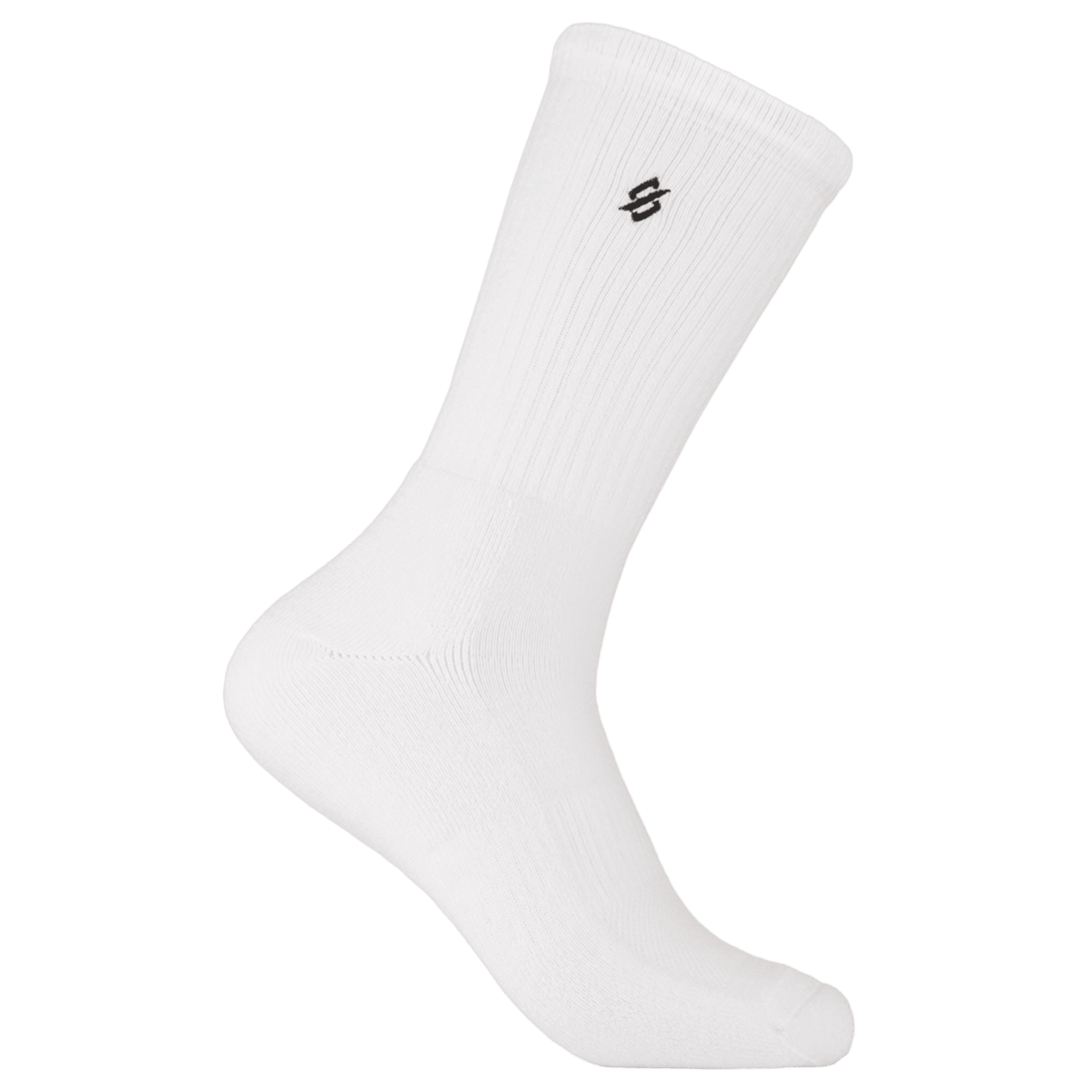 A single StringKing Athletic Crew Sock in black is displayed against a white background. The sock, featuring a small white Stringking logo near the top, is made of ribbed material extending to mid-calf length. Crafted with TENCEL fibers, it offers enhanced arch support for maximum comfort and performance.