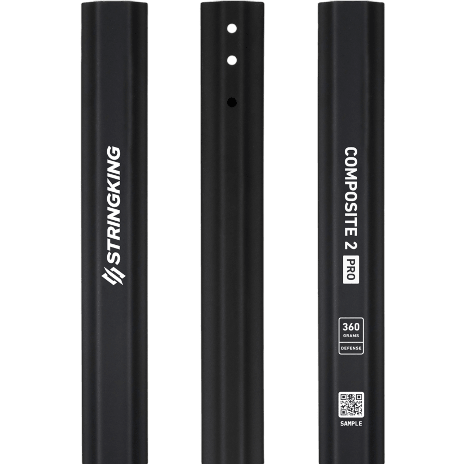 A long, straight black object resembling the StringKing Composite 2 Pro Defense Shaft is shown diagonally stretching from the bottom left to the top right of the image. Featuring Smart Taper technology, small notches and details are visible on the top right end of the rod.