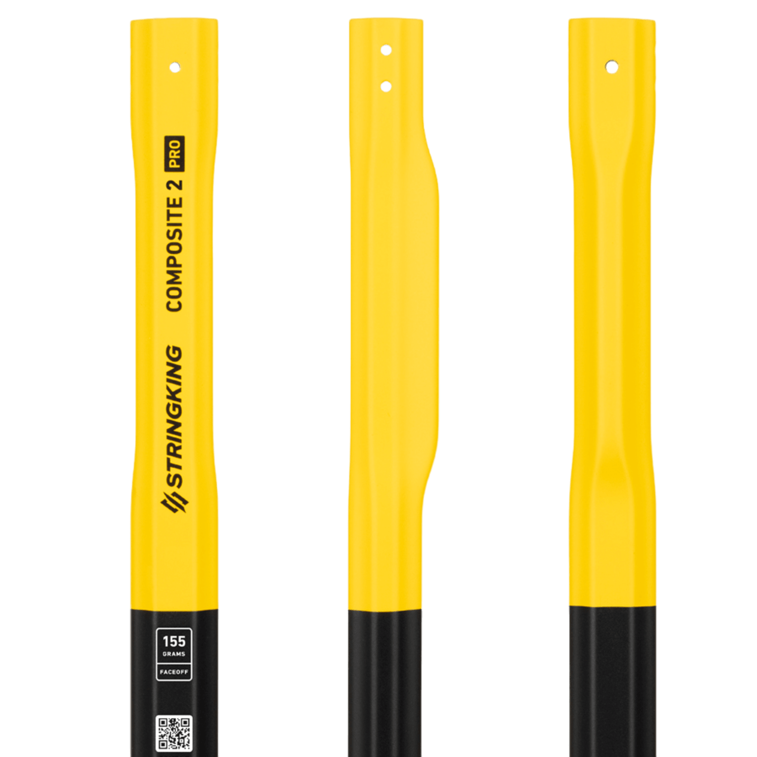 Three views of the StringKing Composite 2 Pro FaceOff shaft, featuring bright yellow coloration with black accents at the bottom. The premium carbon lacrosse shaft highlights branding and text, including "StringKing Composite 2 Pro" and a small black label near the base, ensuring top-notch performance on the field.