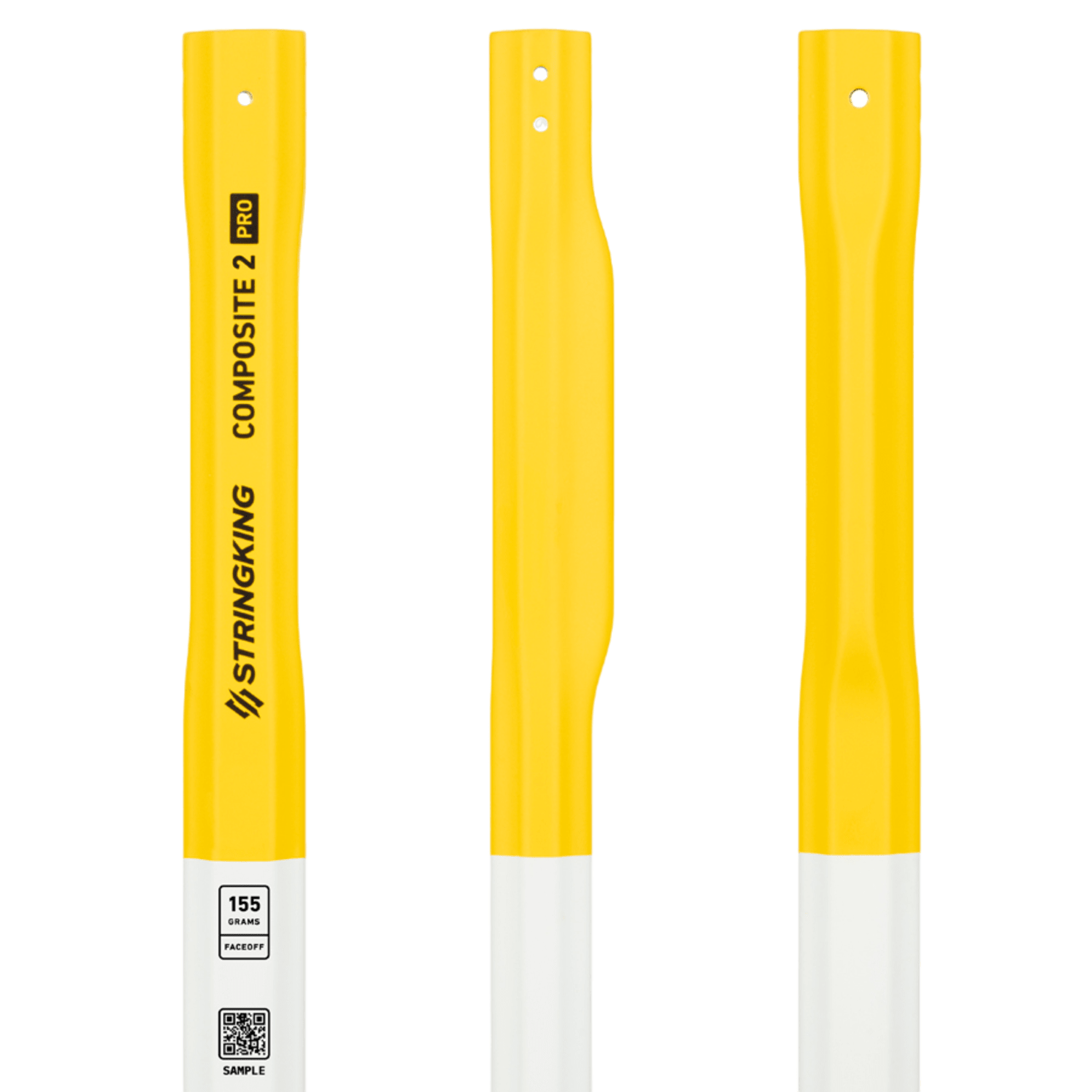 Three views of the StringKing Composite 2 Pro FaceOff shaft, featuring bright yellow coloration with black accents at the bottom. The premium carbon lacrosse shaft highlights branding and text, including "StringKing Composite 2 Pro" and a small black label near the base, ensuring top-notch performance on the field.