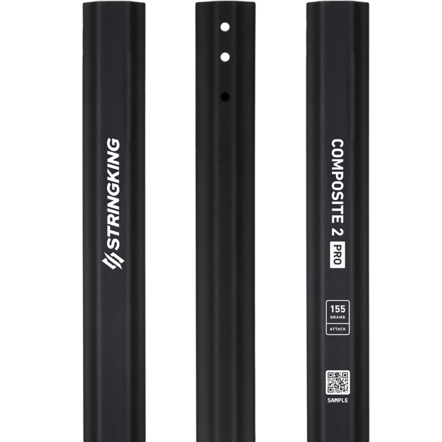 Three black carbon lacrosse shafts are shown vertically. The left shaft is labeled "STRINGKING," the center shaft has two holes near the top, and the right shaft is labeled "StringKing Composite 2 Pro, 195 grams, ATTACK," featuring Smart Taper technology for improved performance from the StringKing brand.