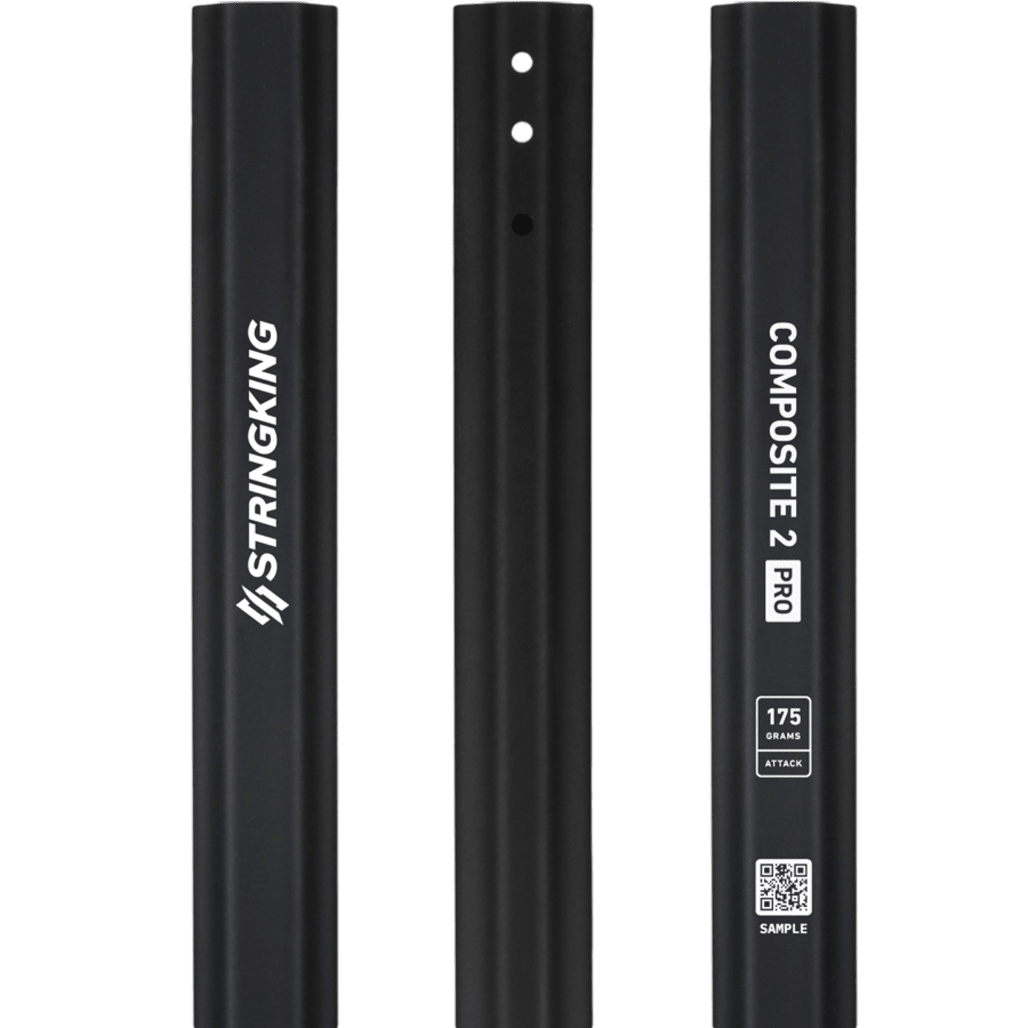 Three black carbon lacrosse shafts are shown vertically. The left shaft is labeled "STRINGKING," the center shaft has two holes near the top, and the right shaft is labeled "StringKing Composite 2 Pro, 195 grams, ATTACK," featuring Smart Taper technology for improved performance from the StringKing brand.