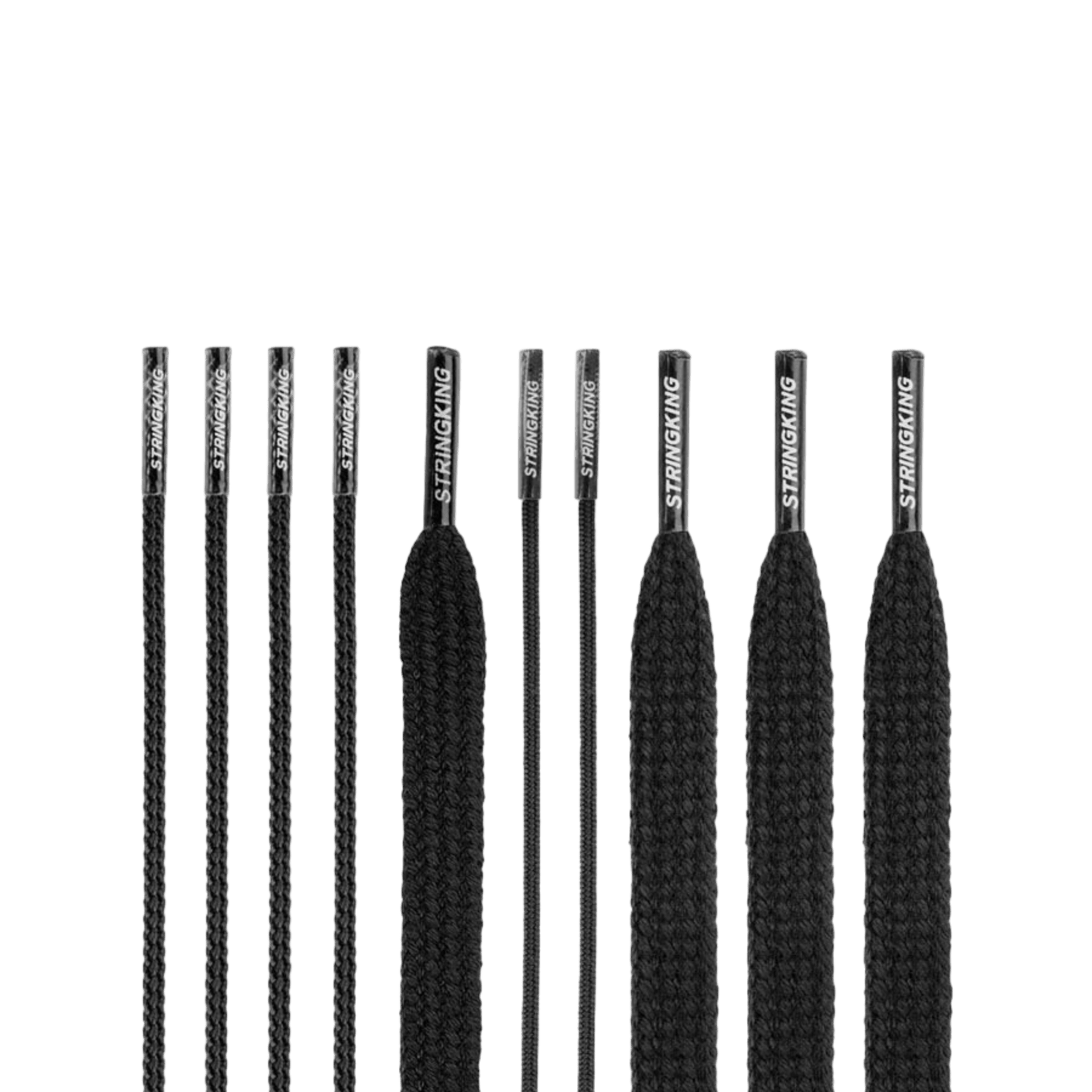 A set of black shoelaces from the StringKing Goalie Strings Pack is arranged vertically on a plain green background. The laces vary in thickness and width, with each pair being progressively thicker from left to right. Much like premium goalie stringing kits, the aglets are labeled "StringKing".