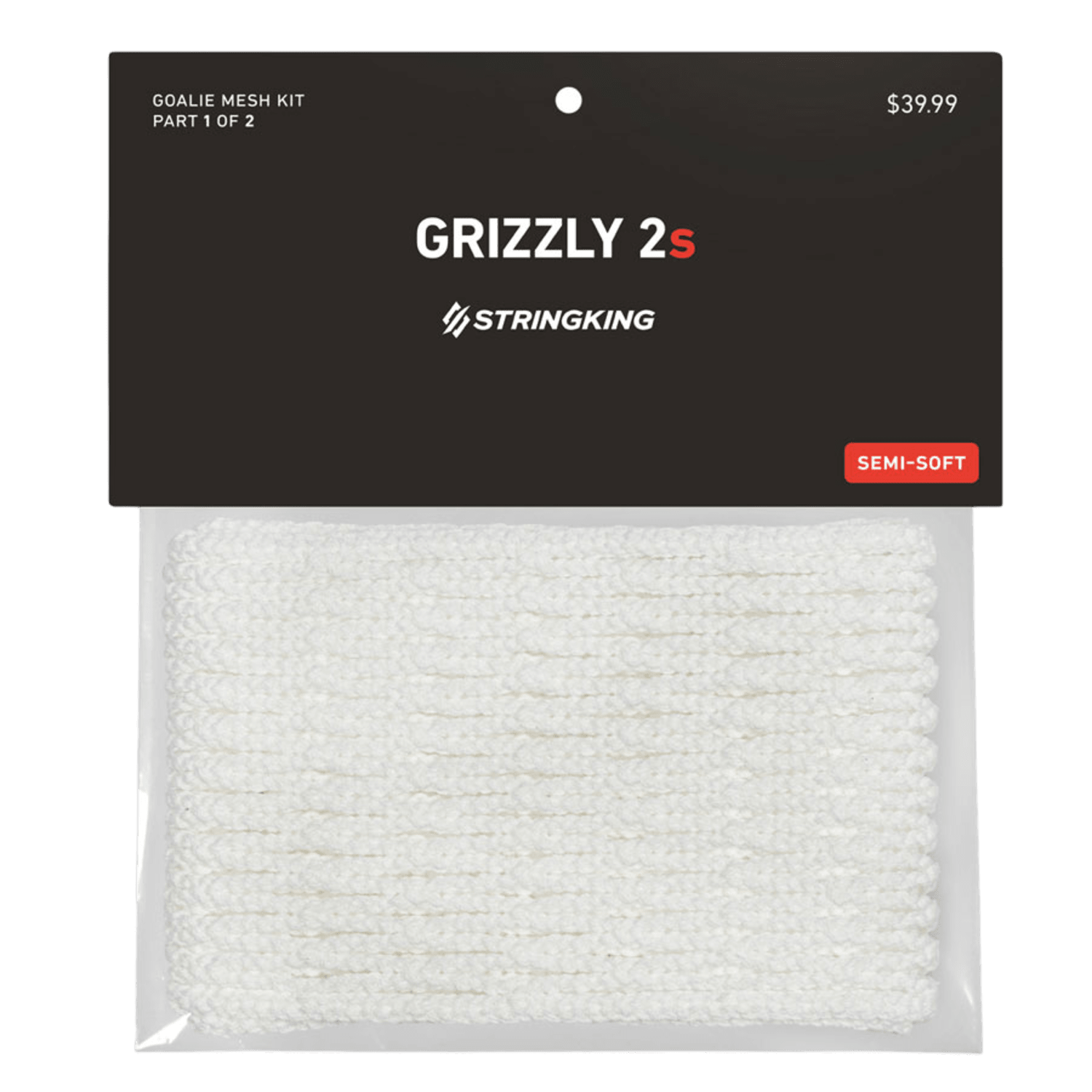 A package of StringKing Grizzly 2S Goalie Mesh in black features premium Tri-Twist technology inside a clear plastic sleeve. The sleek black header card at the top showcases the product name and branding by StringKing. The price is marked at $39.99.