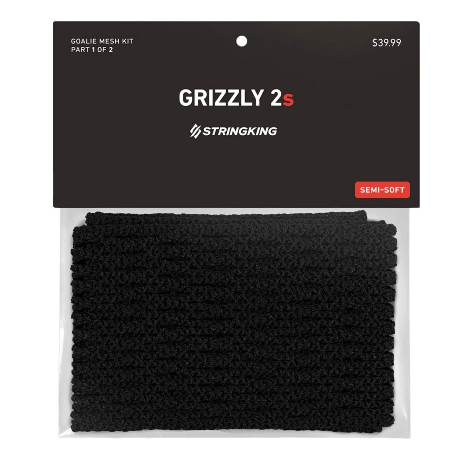 A package of StringKing Grizzly 2S Goalie Mesh in black features premium Tri-Twist technology inside a clear plastic sleeve. The sleek black header card at the top showcases the product name and branding by StringKing. The price is marked at $39.99.