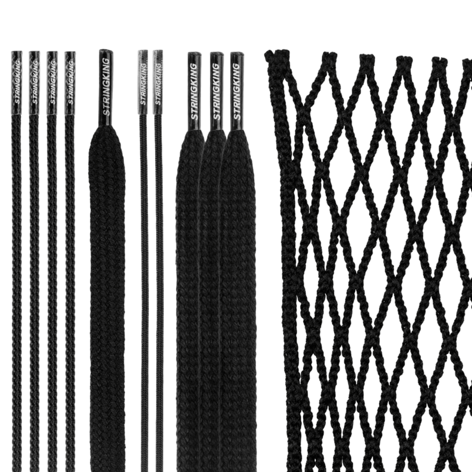 The image displays the StringKing Grizzly 2S Mesh Kit, a set of white lacrosse stringing materials that includes multiple strings of varying lengths and a piece of mesh, all branded with "Stringking." The Grizzly 2S semi-soft goalie mesh features a diamond pattern and employs Tri-Twist technology for enhanced durability, while the strings boast a smooth texture.