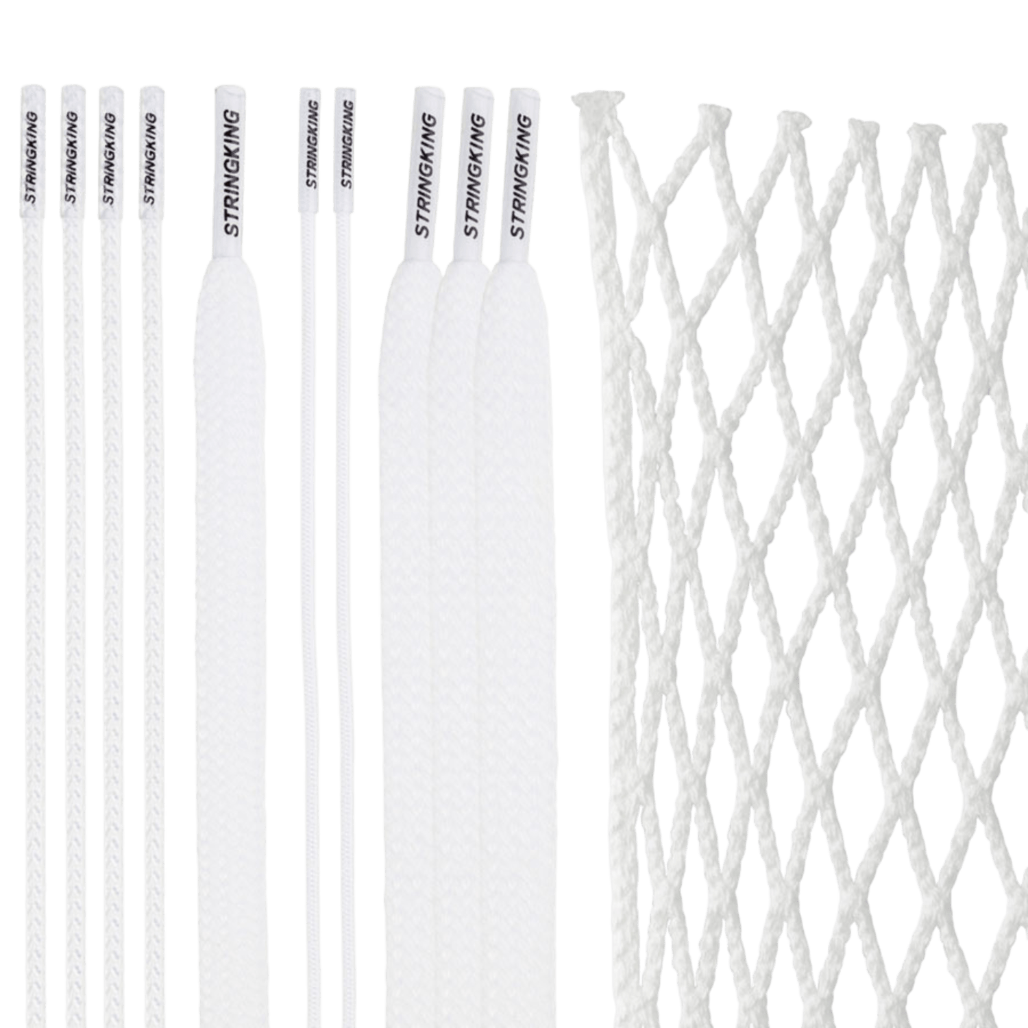 The image displays the StringKing Grizzly 2S Mesh Kit, a set of white lacrosse stringing materials that includes multiple strings of varying lengths and a piece of mesh, all branded with "Stringking." The Grizzly 2S semi-soft goalie mesh features a diamond pattern and employs Tri-Twist technology for enhanced durability, while the strings boast a smooth texture.