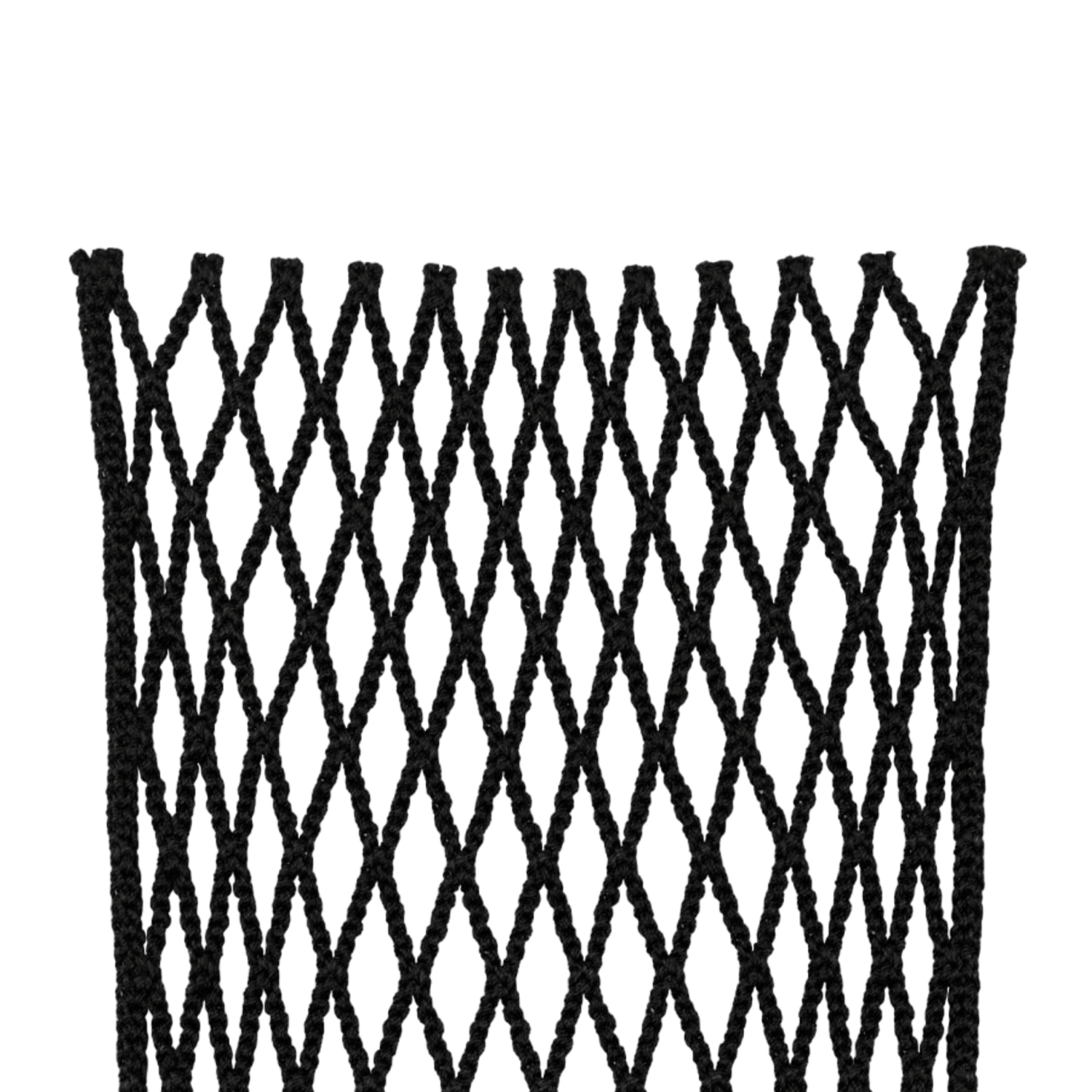 The StringKing Grizzly 2X Mesh Kit features black mesh netting with a diamond pattern on a transparent background. This interwoven thread netting emulates the StringKing Grizzly 2X semi-hard goalie mesh with Tri-Twist technology. A close-up reveals the texture and innovative design offered by Stringking.