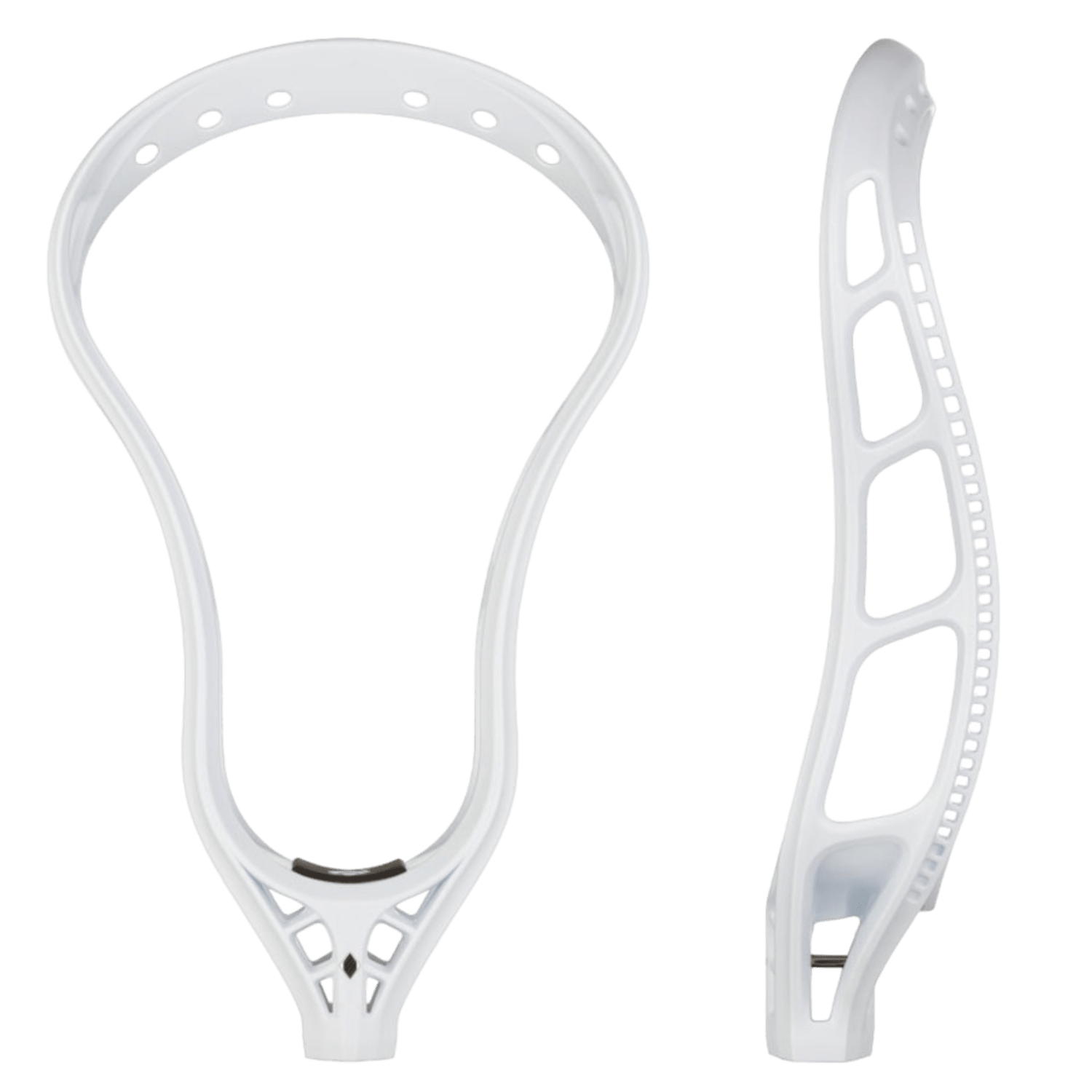 A white StringKing Mark 2A lacrosse head by StringKing set against a green background. The unstrung head displays its open frame with holes around the top for custom stringing and an intricate design at the throat, linking to the attachment point designed for enhanced offensive control with the shaft.