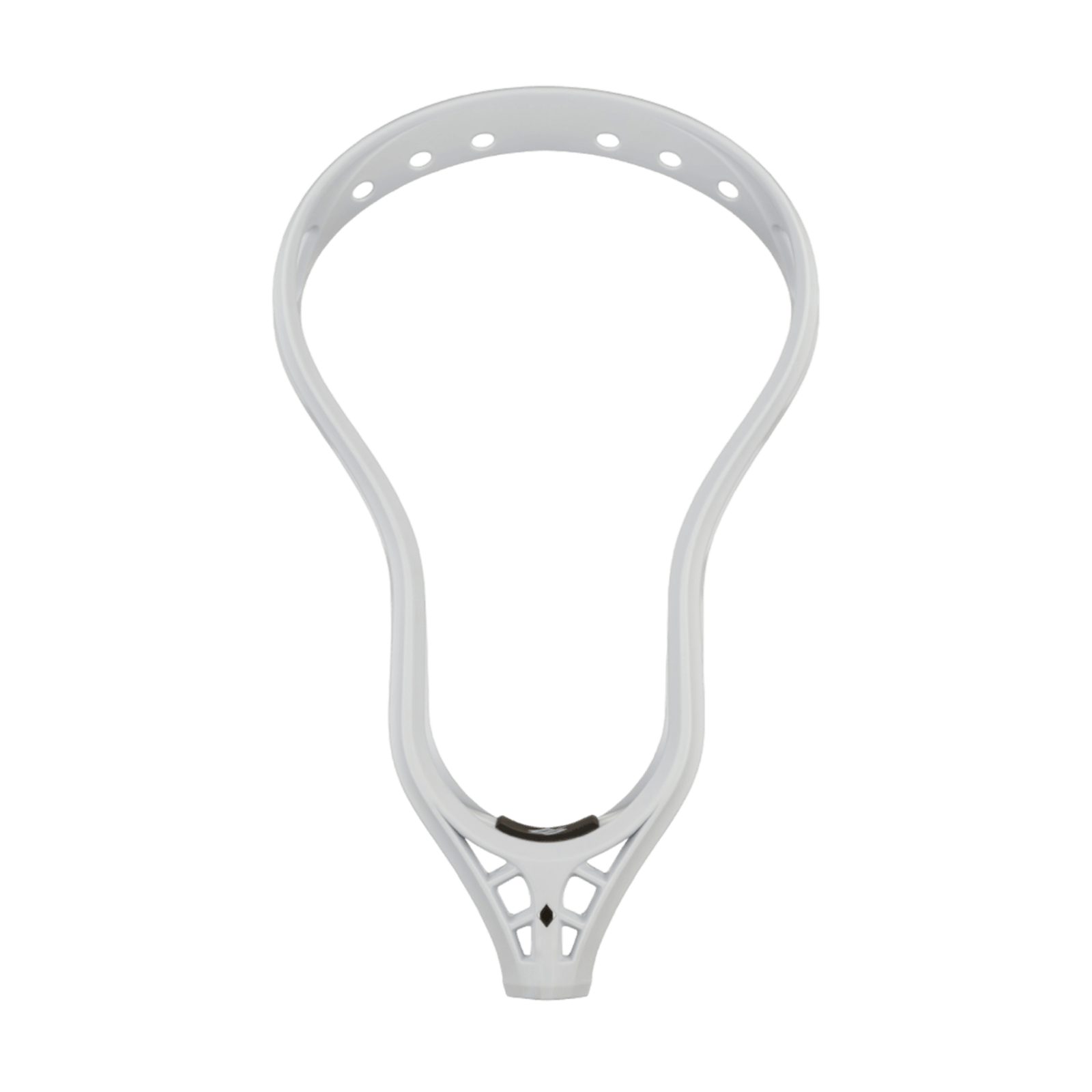 A white StringKing Mark 2A lacrosse head by StringKing set against a green background. The unstrung head displays its open frame with holes around the top for custom stringing and an intricate design at the throat, linking to the attachment point designed for enhanced offensive control with the shaft.