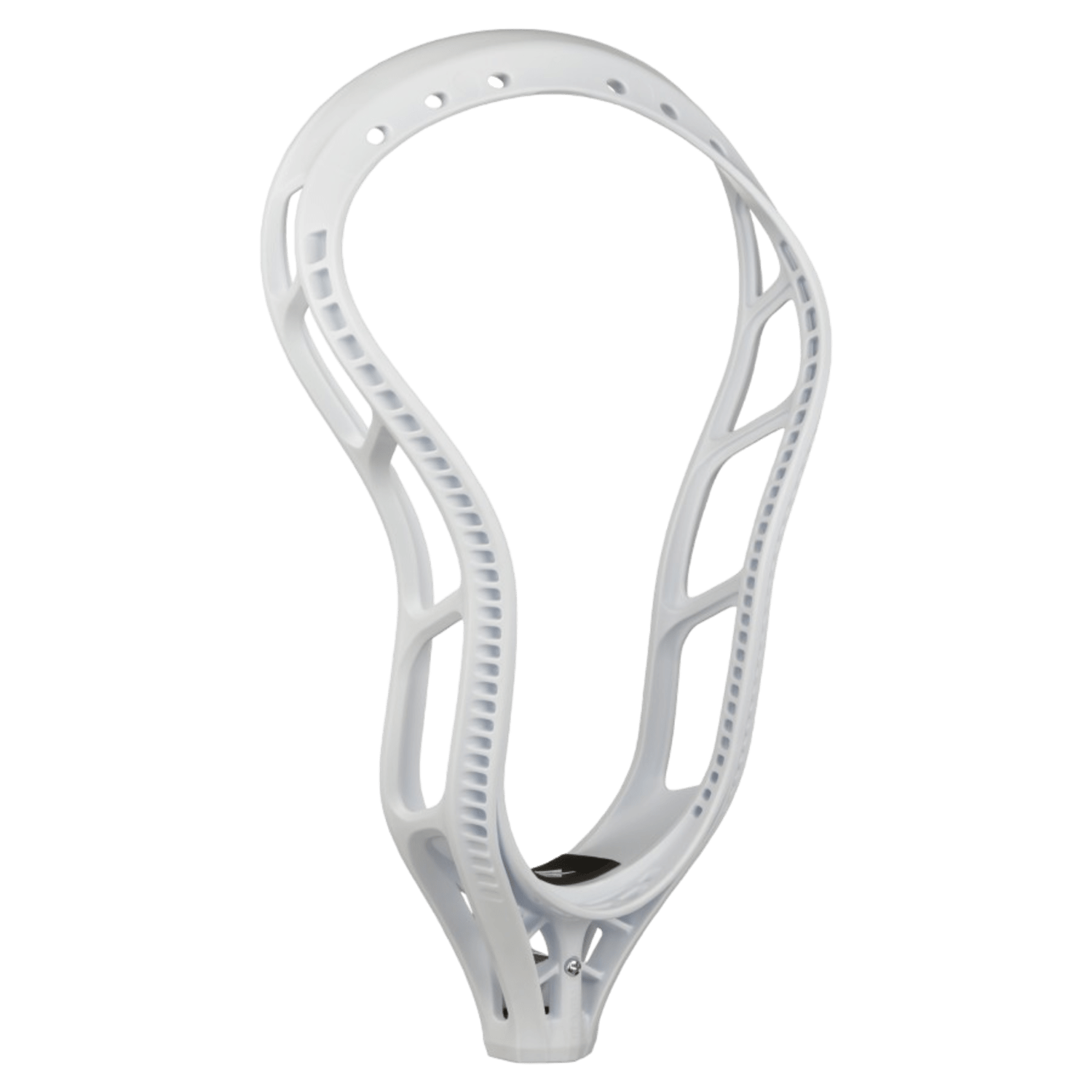 The StringKing Mark 2D Lacrosse Head, crafted by Stringking, showcases a sophisticated design with angular sidewall cutouts in a fresh white finish. Built for excelling in ground ball plays, this head distinctly stands out against a white background.