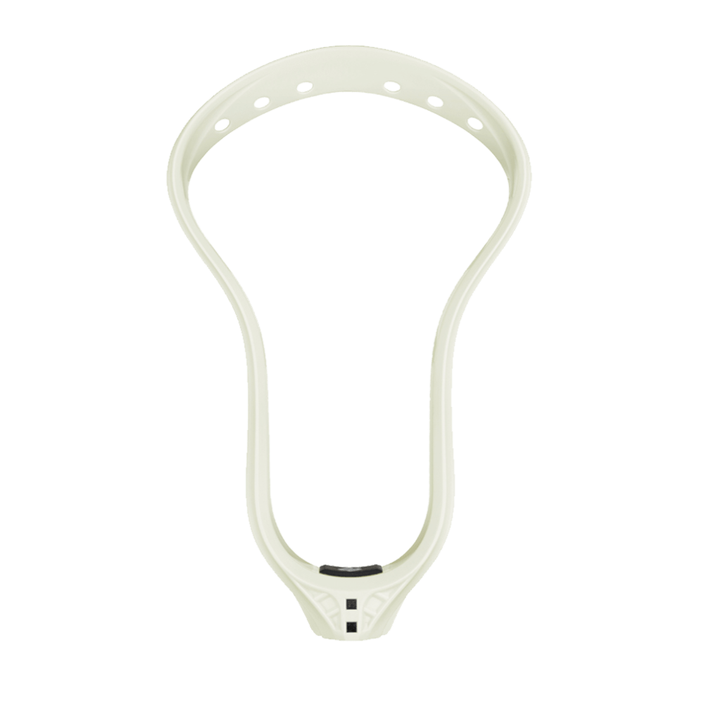 Image of the StringKing Mark 2F Raw Lacrosse Head in white, showcasing a U-shaped frame with numerous stringing holes along the top. The transparent background emphasizes its sleek design and structure, making it perfect for faceoffs and improving ball control.