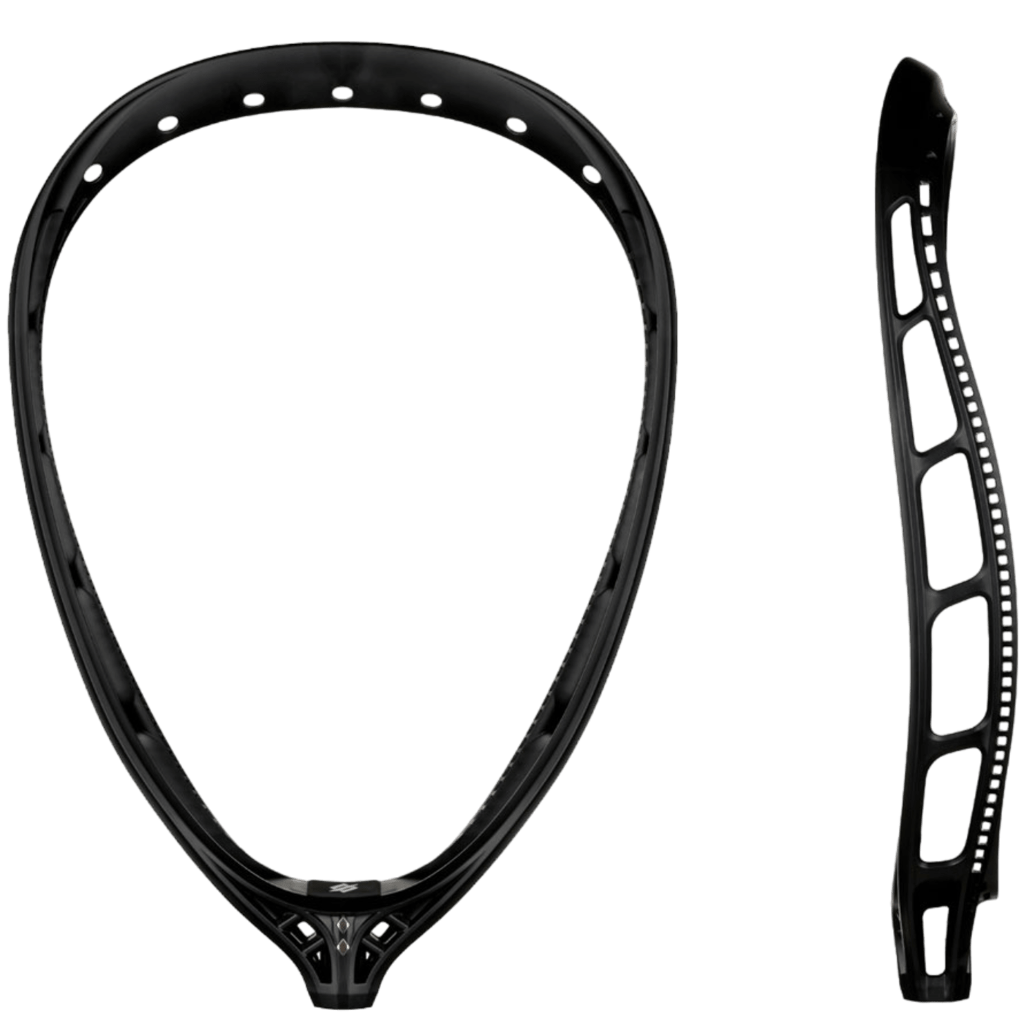 A black StringKing Mark 2G goalie lacrosse head by StringKing is displayed from both front and side views. Its optimized design includes multiple stringing holes around the perimeter and an open-sidewall for a lightweight feel. The sturdy structure makes it ideal for both offensive and defensive play.