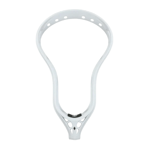 The StringKing Mark 2T, crafted by StringKing, is a white lacrosse head featuring multiple stringing holes along the upper edge. Its symmetrical design includes a wider top that tapers into the throat, showcasing advanced technology. The background is transparent.