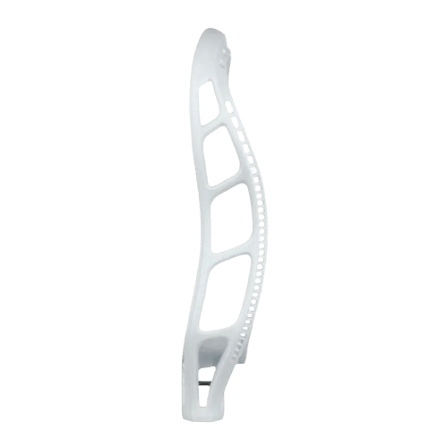 The StringKing Mark 2T, crafted by StringKing, is a white lacrosse head featuring multiple stringing holes along the upper edge. Its symmetrical design includes a wider top that tapers into the throat, showcasing advanced technology. The background is transparent.