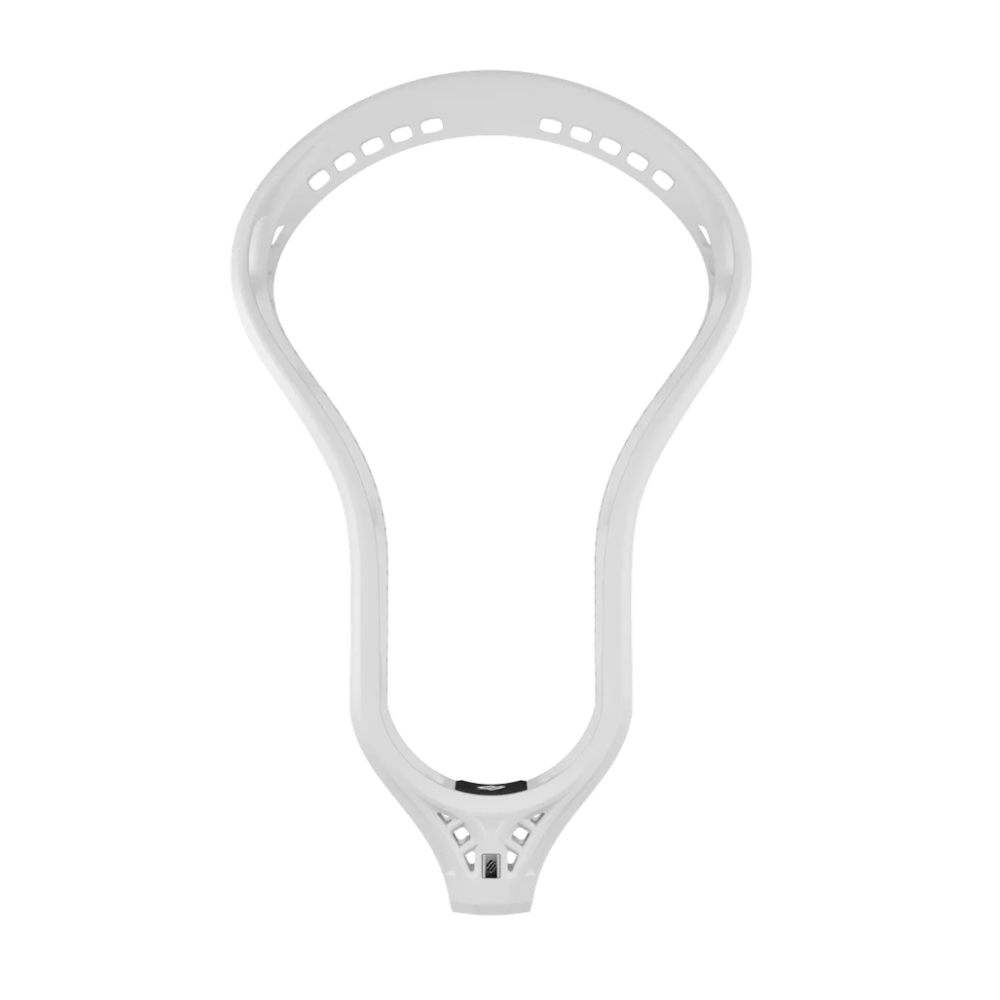 The transparent image showcases the ITM-0016708, a white lacrosse head by Stringking, crafted from ultra-strong plastic. Its oval shape includes multiple stringing holes along the edges for attaching netting and enhancing ball control.