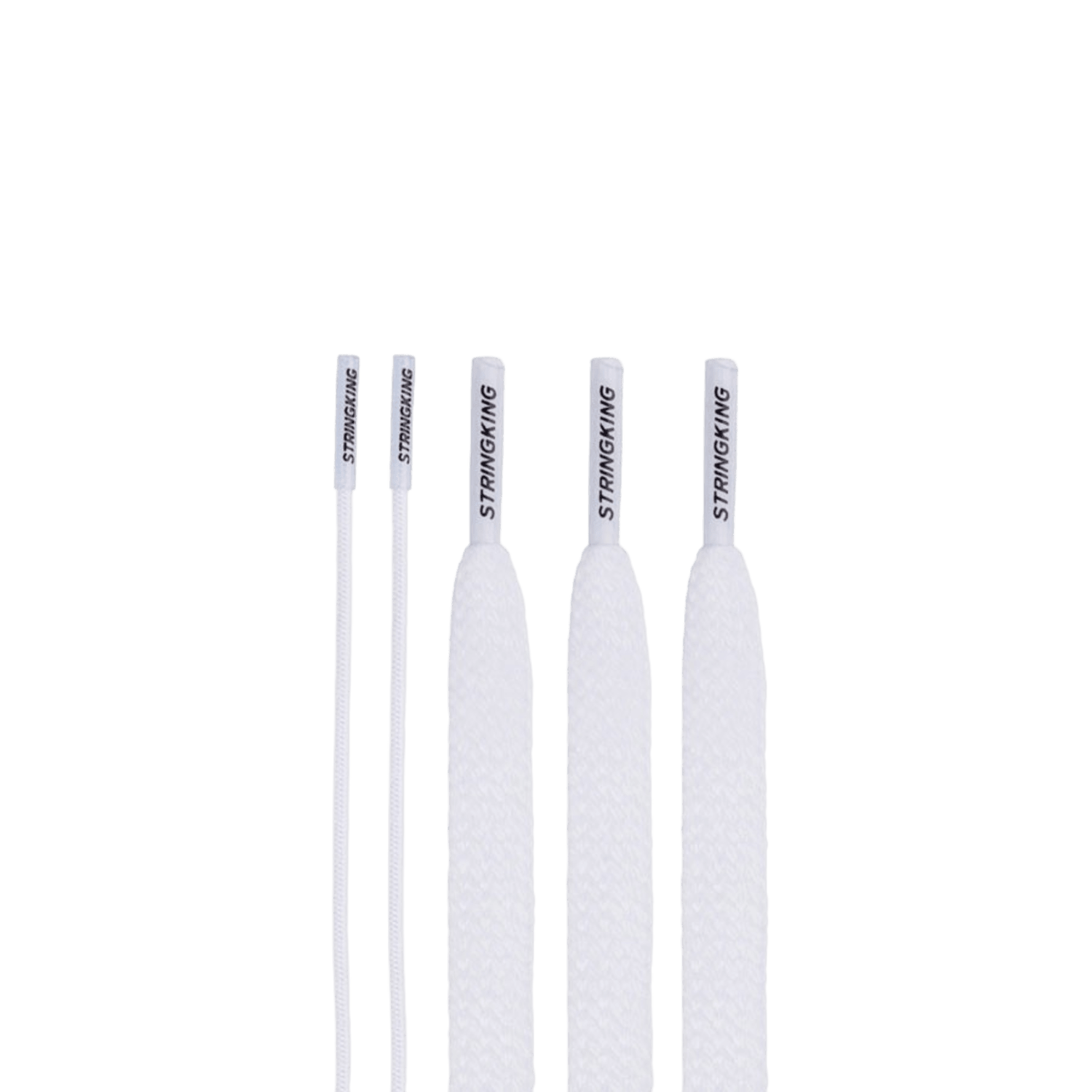 The StringKing Performance Shooters Pack includes five white shoelaces, each featuring plastic aglets and the "StringKing" brand name printed on them. The set comprises three thicker, textured laces alongside two thinner, smooth laces. All are displayed upright against a plain background.