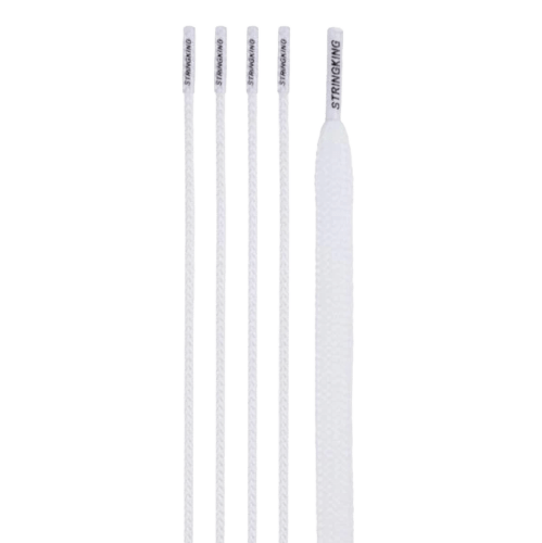 Five white flexible rods of varying lengths are standing upright, spaced evenly apart. The rods have textured surfaces resembling premium StringKing Performance Strings and branding labels at the top. The word "Stringking" is visible on each rod. The background is transparent.