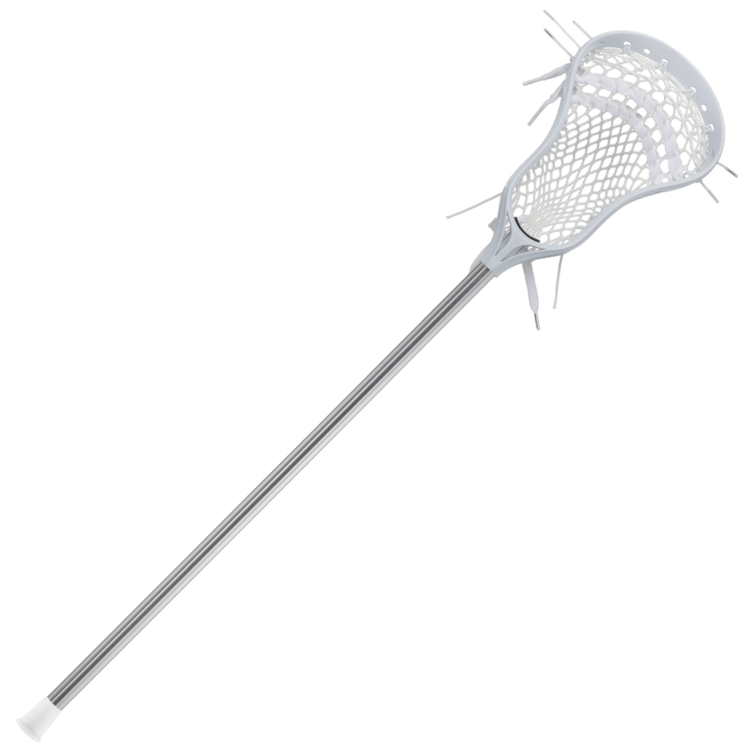 A black StringKing Starter Junior Complete Stick, perfect for youth lacrosse, features a netted head with multiple string ends protruding. The stick is shown from two angles: a side view of the entire stick and a close-up of the head, with the brand name "Stringking" visible on the shaft.