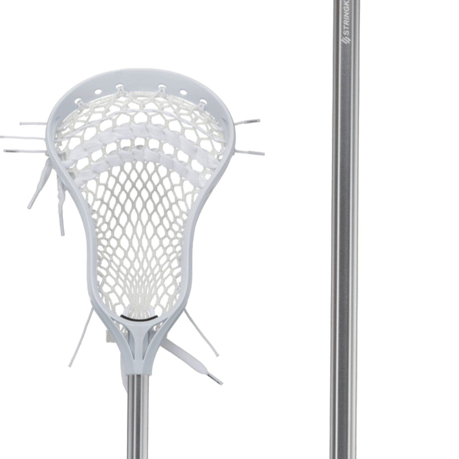 A black StringKing Starter Junior Complete Stick, perfect for youth lacrosse, features a netted head with multiple string ends protruding. The stick is shown from two angles: a side view of the entire stick and a close-up of the head, with the brand name "Stringking" visible on the shaft.