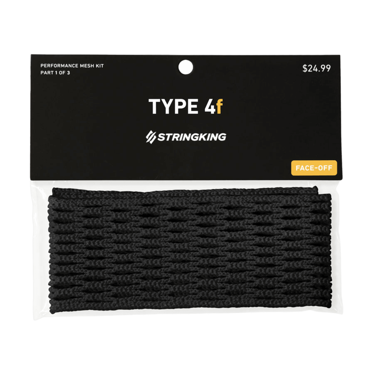 A product image of the StringKing Type 4F Mesh Piece, offered by StringKing. The package contains black performance mesh featuring a unique Tri-twist pattern, priced at $24.99. The top of the packaging is black with white text, and the 4F mesh is displayed against a white background.