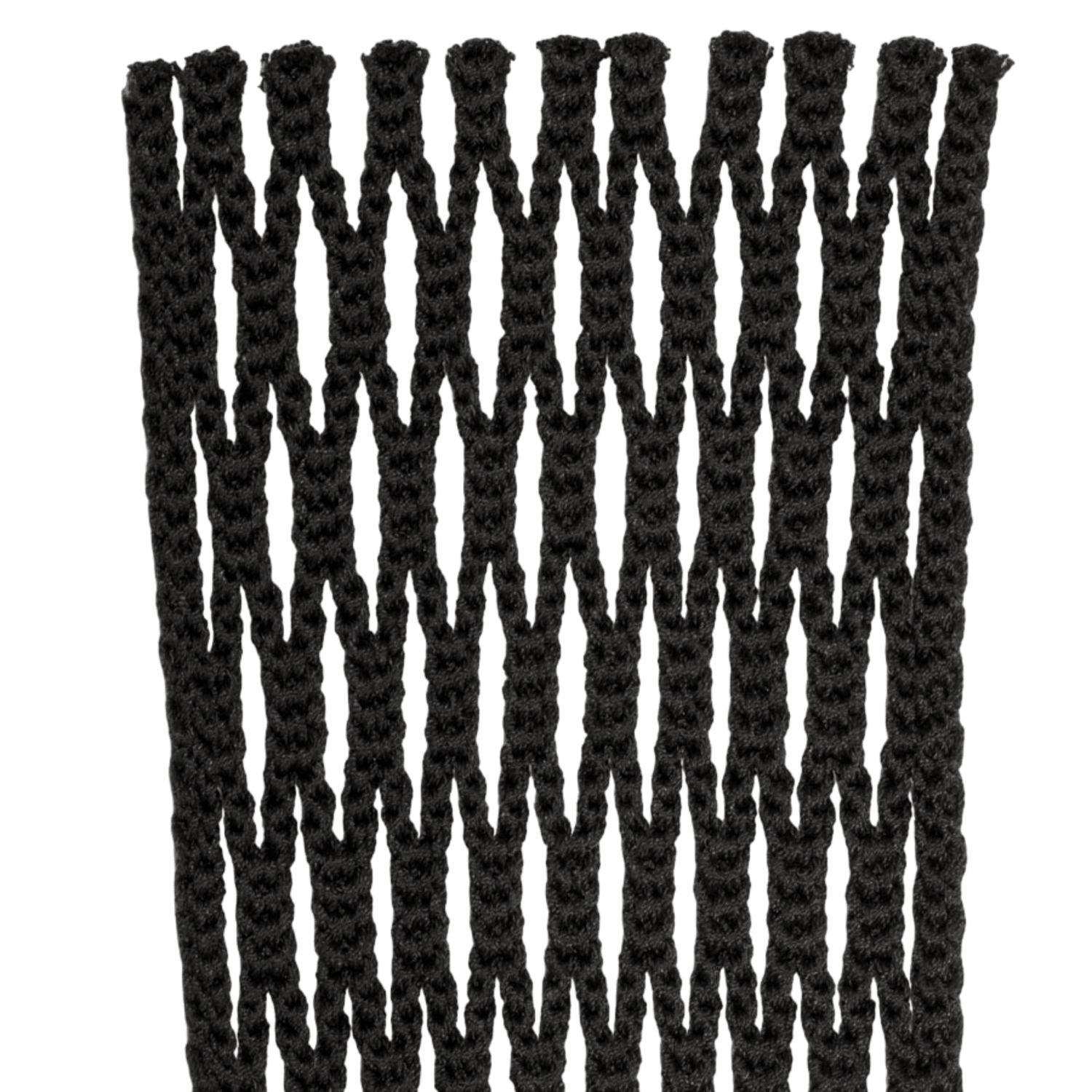 A picture of the StringKing Type 4S Mesh Piece, a black macramé intricately woven with a vertical pattern featuring evenly spaced, elongated loops. The handcrafted appearance of the thick cords resembles the detailed design achieved through Stringking's Tri-Twist technology in their Type 4S mesh.