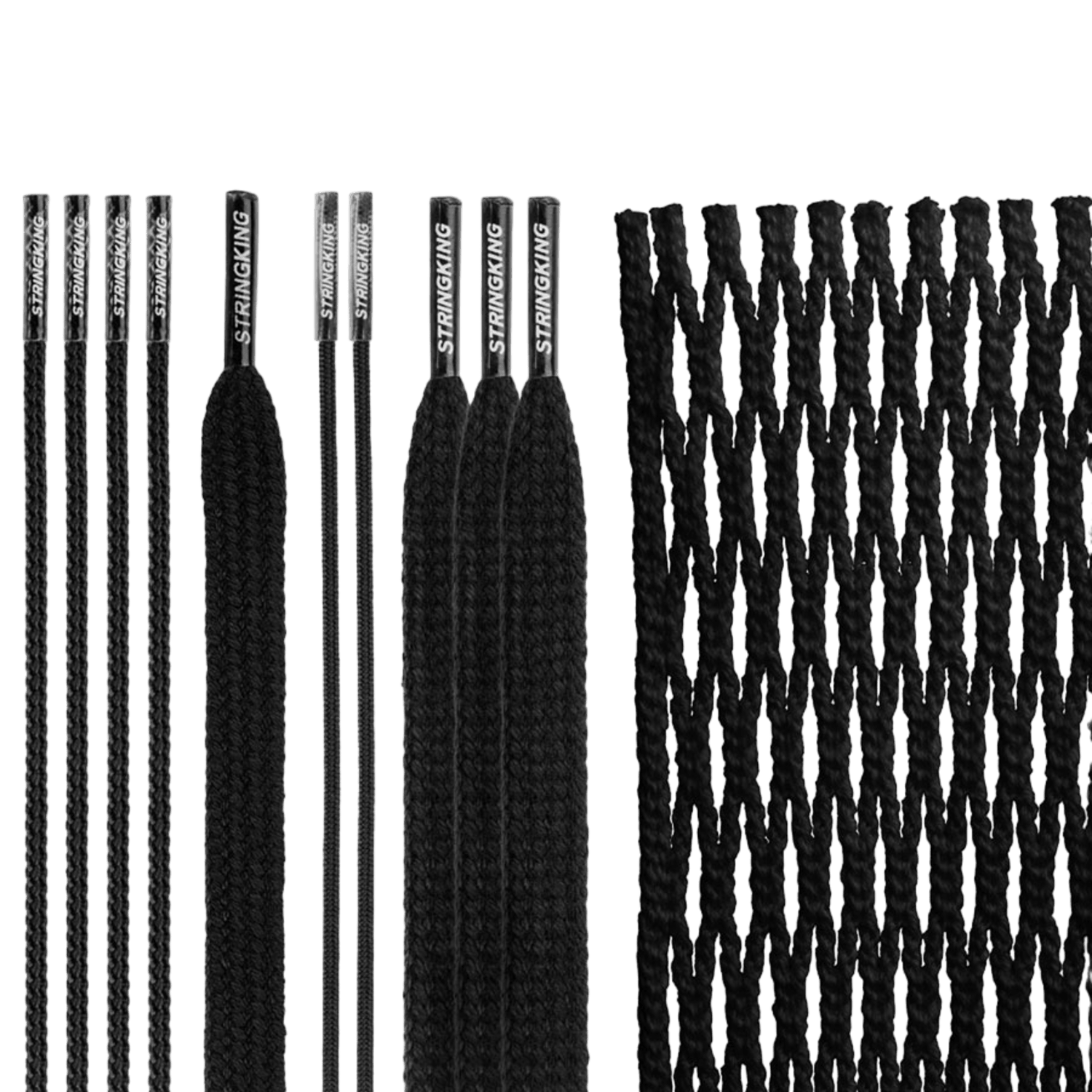 The image shows a set of black shoelaces with "Stringking" written on the aglets, alongside the black knitted mesh featuring Tri-Twist technology from the StringKing Type 4X Mesh Kit. The shoelaces are displayed in a straightened manner, and the mesh is presented in a rectangular shape, highlighting its woven texture.