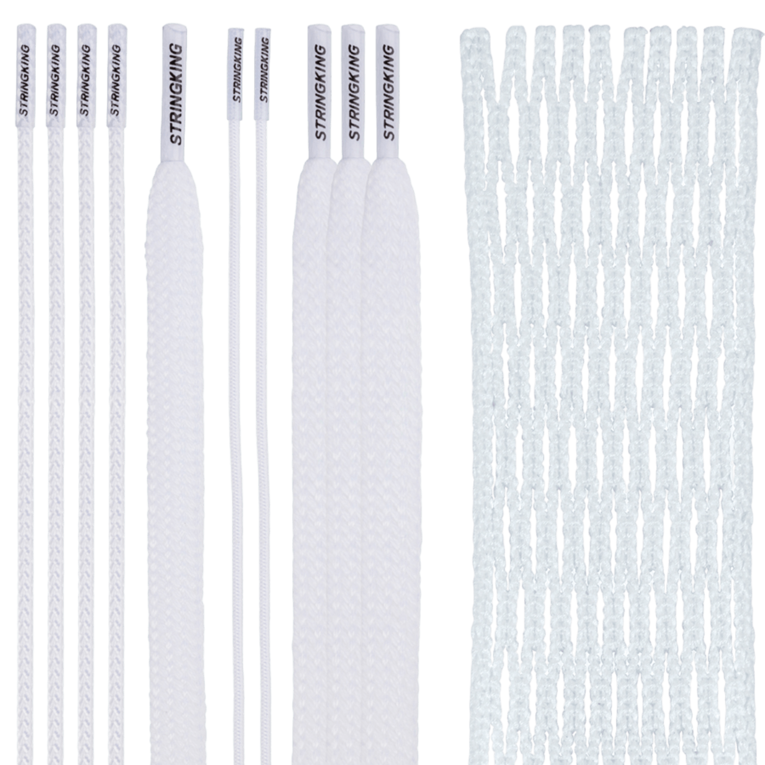 The image displays several black lacrosse strings and shooting laces on the left side, branded "StringKing." On the right side, there is a piece of black "StringKing Type 5S Mesh" featuring Twistex technology for an optimized feel. All components are neatly organized against a green background as part of the StringKing Type 5S Mesh Kit.