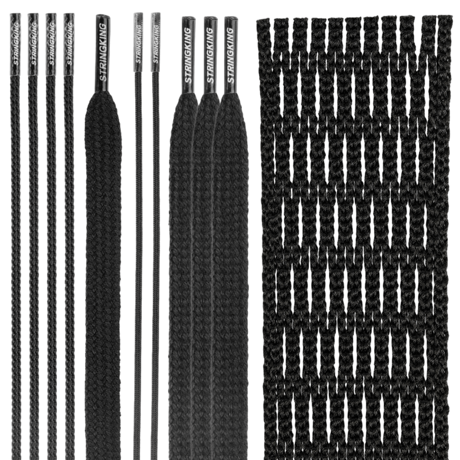 The image displays several black lacrosse strings and shooting laces on the left side, branded "StringKing." On the right side, there is a piece of black "StringKing Type 5S Mesh" featuring Twistex technology for an optimized feel. All components are neatly organized against a green background as part of the StringKing Type 5S Mesh Kit.