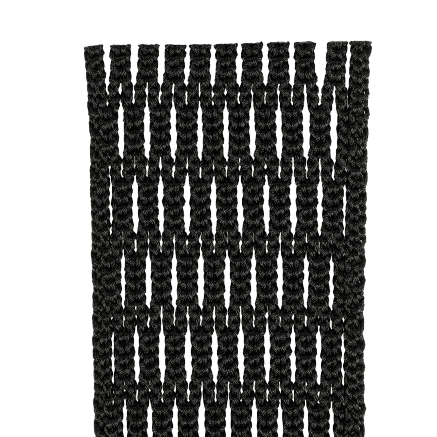 Close-up image of a black woven elastic band against a green background. The band, featuring a repetitive horizontal ribbed pattern with evenly spaced gaps, suggests elasticity and stretching capacity similar to the Twistex Technology found in the StringKing Type 5S Mesh Piece by Stringking.