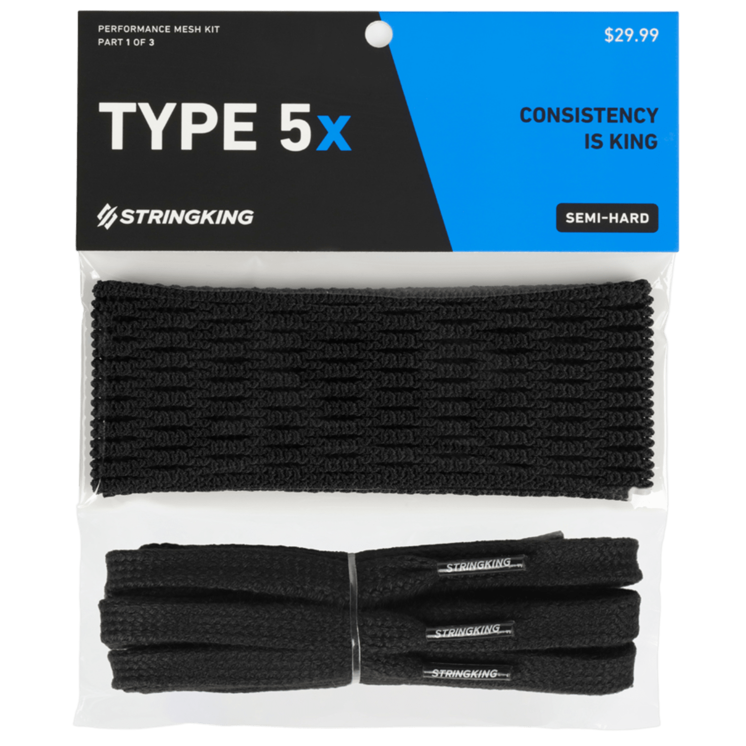 A StringKing Type 5X Mesh Kit is laid out against a white background, featuring multiple lengths of black strings with Twistex Technology and a rectangular piece of Type 5X mesh, all branded with "StringKing" on the tips.