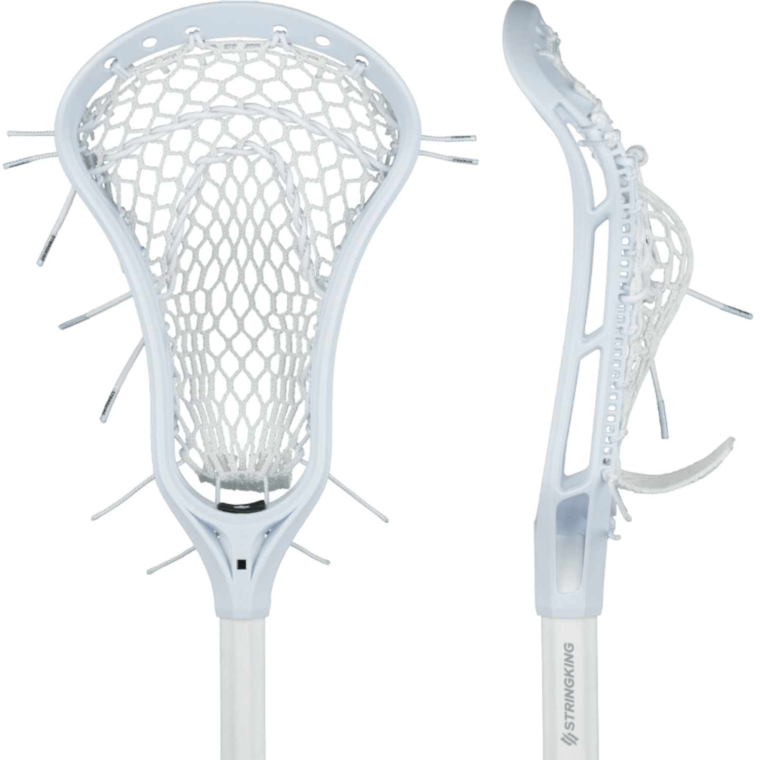 A close-up of the StringKing Women's Complete Junior - Type 4 Mesh, ideal for women’s junior and beginner lacrosse players, showcasing the tightly woven netting and string configuration that forms a pocket for catching and throwing the ball. The stick head is attached to a white handle that is partially visible.