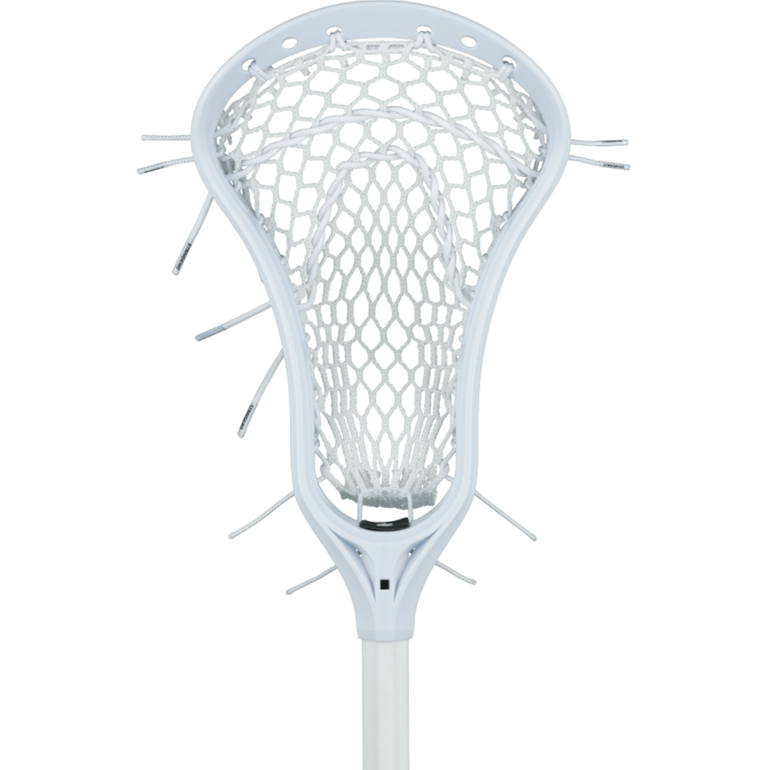 A close-up of the StringKing Women's Complete Junior - Type 4 Mesh, ideal for women’s junior and beginner lacrosse players, showcasing the tightly woven netting and string configuration that forms a pocket for catching and throwing the ball. The stick head is attached to a white handle that is partially visible.