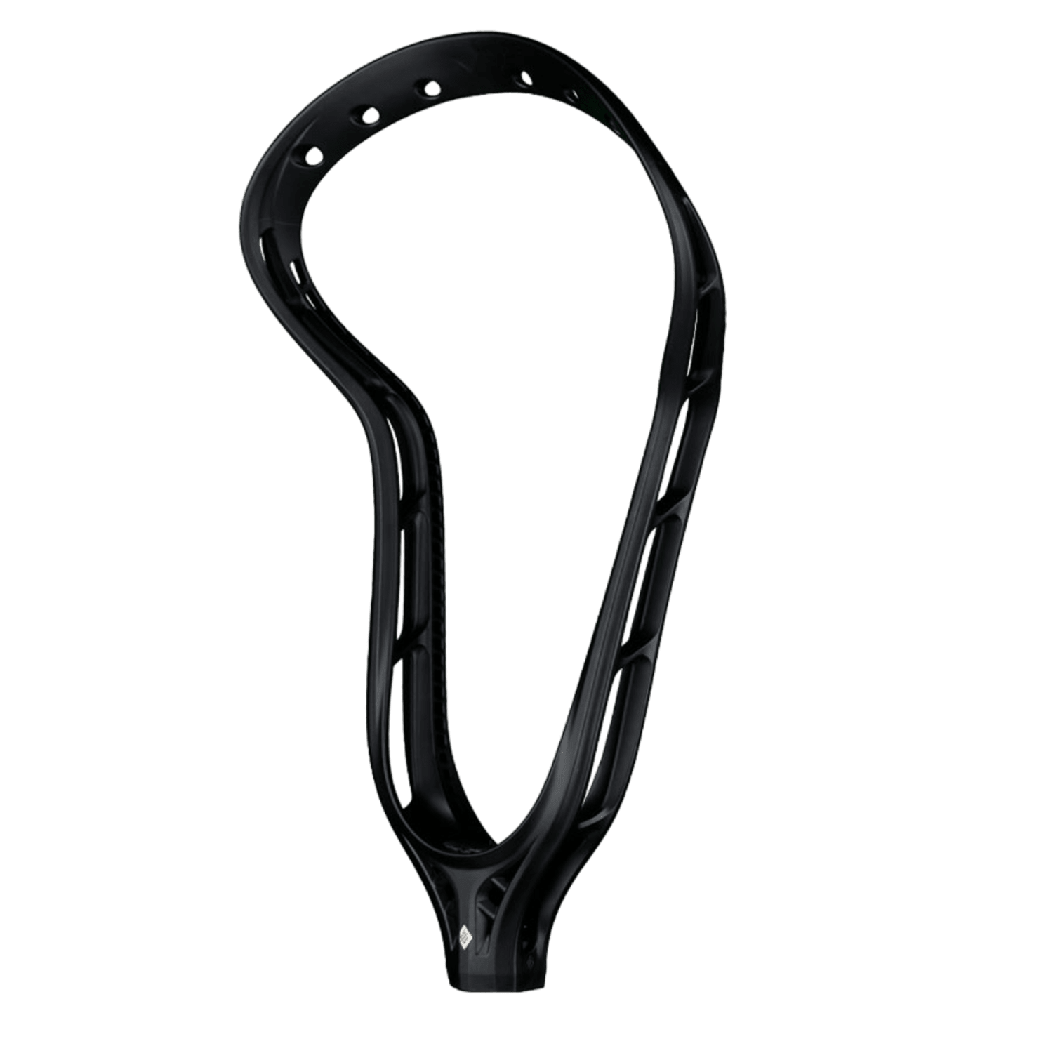 Two views of a black lacrosse stick showcase the StringKing Women's Mark 2 Defense lacrosse head with Type 4 mesh. The front view displays the full face of the high pocket netting, while the side view highlights the curved design and intricate webbing pattern within the frame.