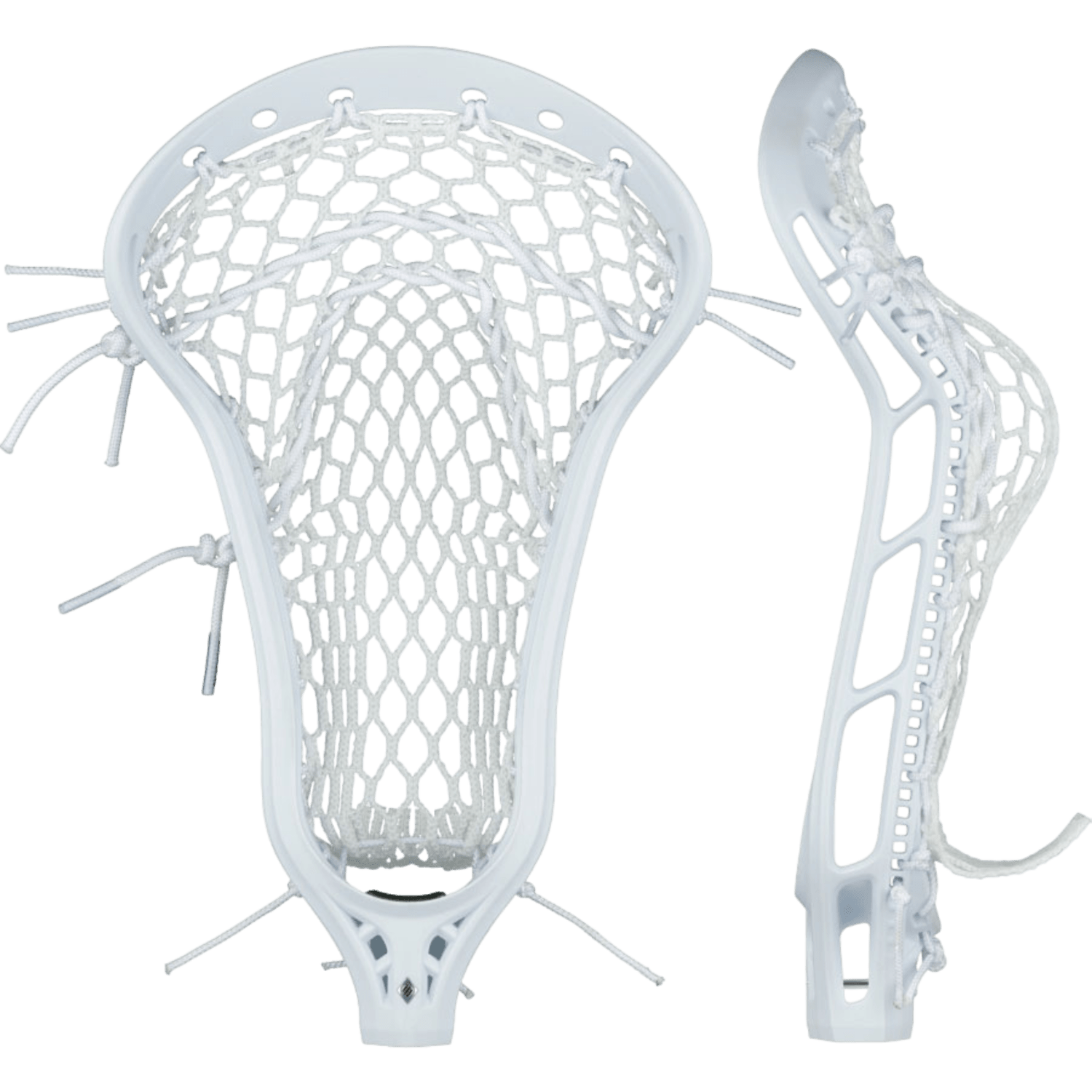 This image showcases two perspectives of the Stringking Women's Mark 2 Offense lacrosse head. The front view displays its finely woven net and robust frame, guaranteeing superb ball control, while the side view emphasizes its structural architecture and sidewall stringing for quicker shots. Multiple strings are visible in both views.