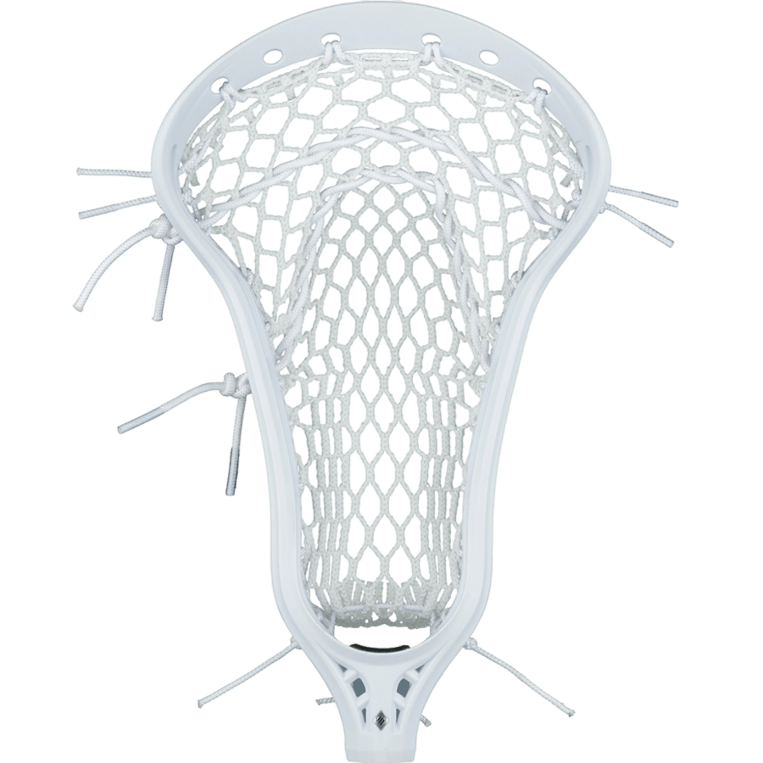 A close-up of the StringKing Women's Type 4 Mesh Kit highlights the intricately tied strings along the edges of the white lacrosse head, beautifully set against a vibrant green backdrop.