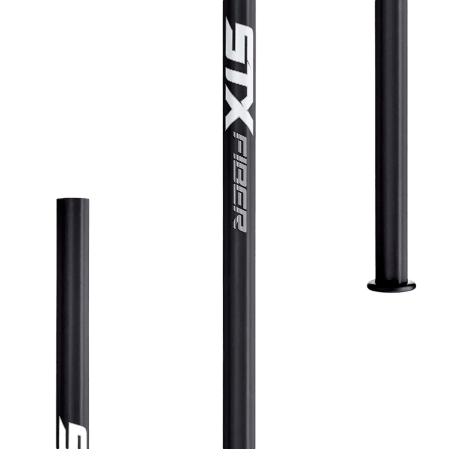 Image of the STX FBRL-A lacrosse shaft in black, featuring "STX" and "Fiber" printed in white lettering. The shaft includes a textured, non-slip grip surface at the bottom and a constant flex profile for optimal performance.