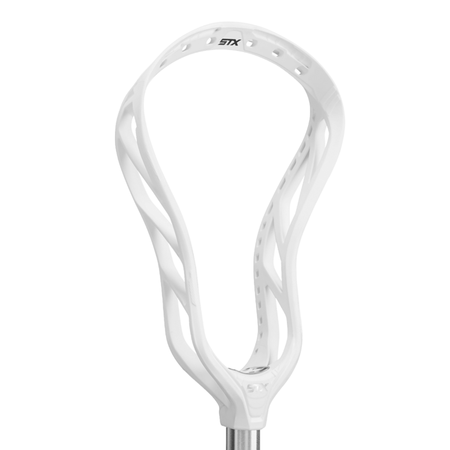 A white STX Hammer 1K Lacrosse Head, featuring an EnduraForm textured design and displaying the "STX" brand logo at the top, is mounted on a silver shaft against a plain background, highlighting its durability and performance.