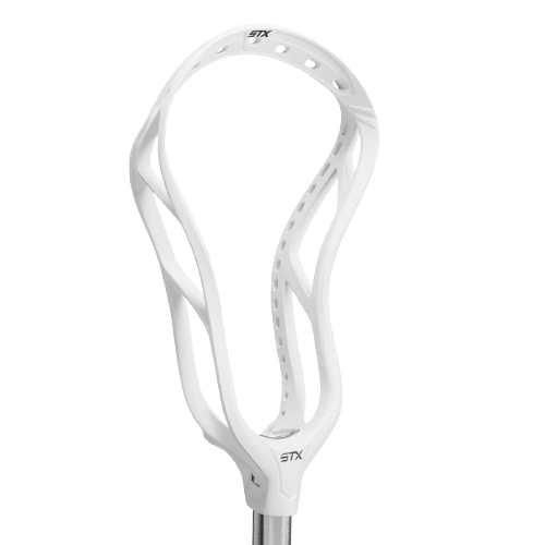 The STX Stallion 1K Lacrosse Head, designed by STX, showcases a white minimalist style. It is bolstered with EnduraForm for added durability and incorporates Speed Scoop technology to facilitate easy ground ball pickups. Attached to a metal shaft, it is set against a plain background.