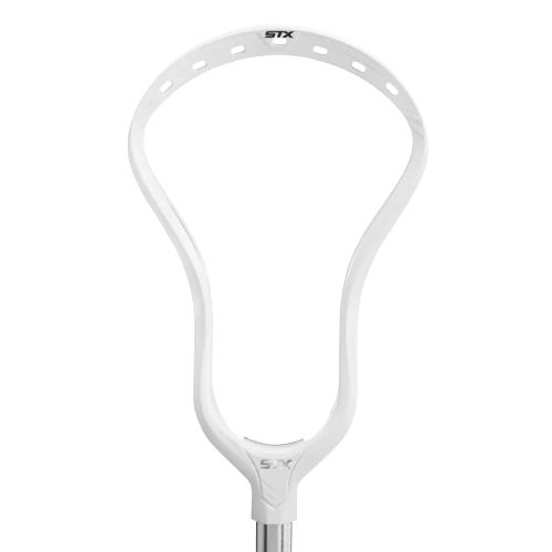 The STX Stallion 1K Lacrosse Head in white showcases a row of small holes along the top edge for stringing. The "STX" logo is emblazoned at the top, and its Speed Scoop design improves gameplay. A partially visible handle finishes this EnduraForm-crafted item, which is set against a plain background.