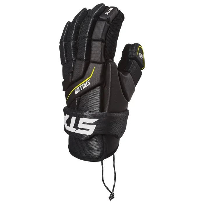 The STX Stallion 200 Gloves are black and white hockey gloves with protective padding and the brand name "STX" printed on the wrist strap. These gloves feature a yellow accent and have a drawstring at the cuff.