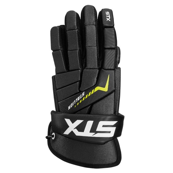 The STX Stallion 200 Gloves are black and white hockey gloves with protective padding and the brand name "STX" printed on the wrist strap. These gloves feature a yellow accent and have a drawstring at the cuff.