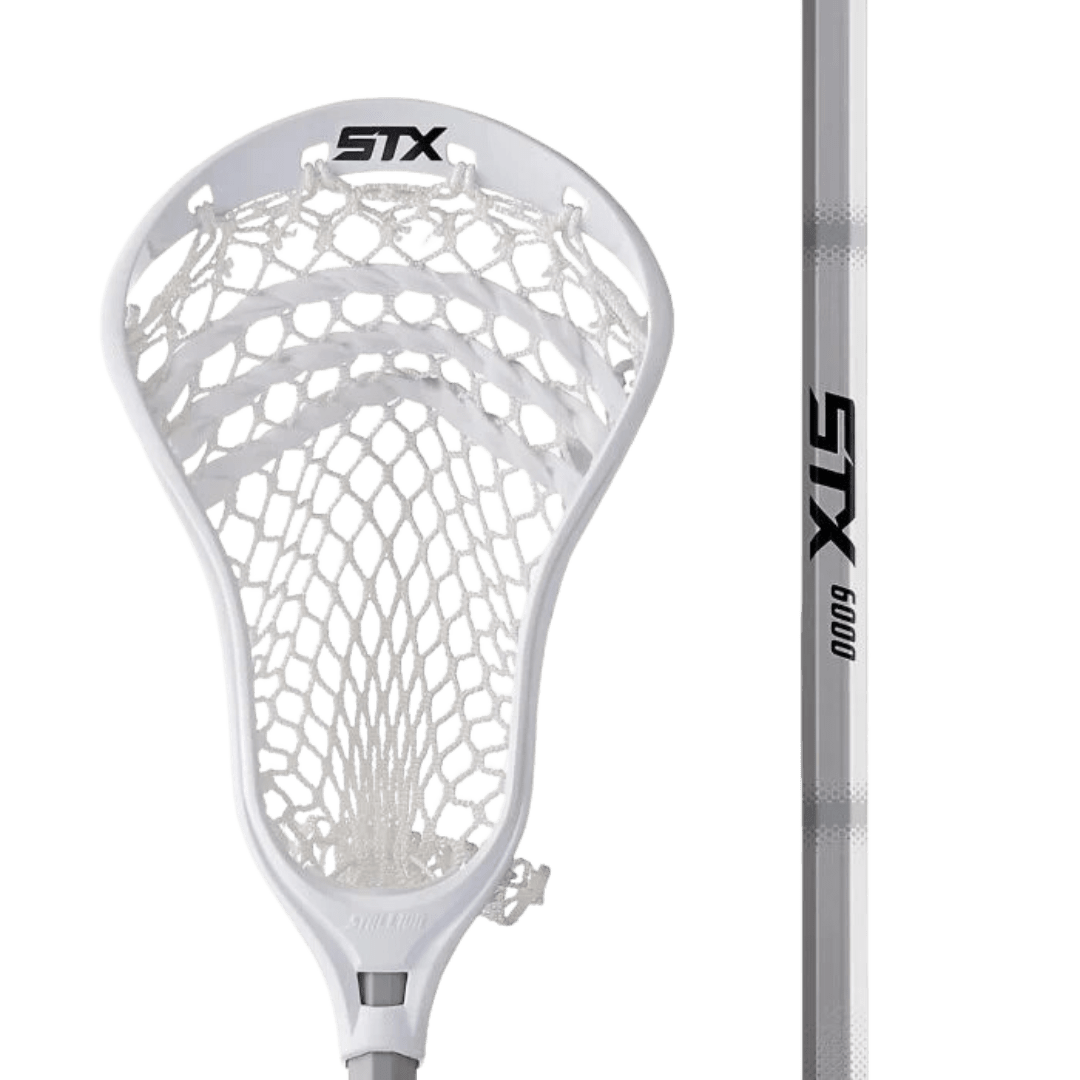 A white STX Stallion 200 Lacrosse Stick showcasing a netted head on the left side and part of the shaft on the right. The stick features the "STX" logo in black on both the head and shaft, which also displays the model number "6000". The background is transparent.