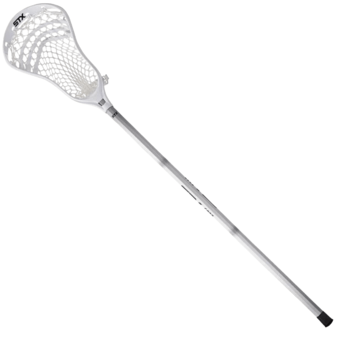 A white STX Stallion 200 Lacrosse Stick showcasing a netted head on the left side and part of the shaft on the right. The stick features the "STX" logo in black on both the head and shaft, which also displays the model number "6000". The background is transparent.