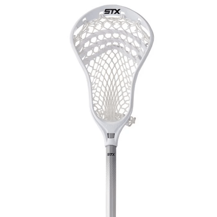 A white STX Stallion 200 Lacrosse Stick showcasing a netted head on the left side and part of the shaft on the right. The stick features the "STX" logo in black on both the head and shaft, which also displays the model number "6000". The background is transparent.