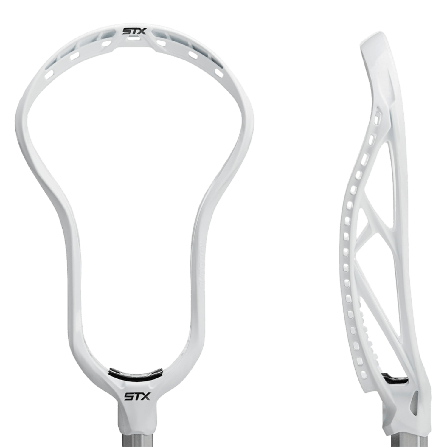 A turquoise and white STX Surgeon 900 lacrosse head with an "STX" logo at the top. The men's lacrosse head has a teardrop shape with holes along the sides for stringing the net. The lightweight design is shown on a plain background, focusing on the intricate craftsmanship of the head.