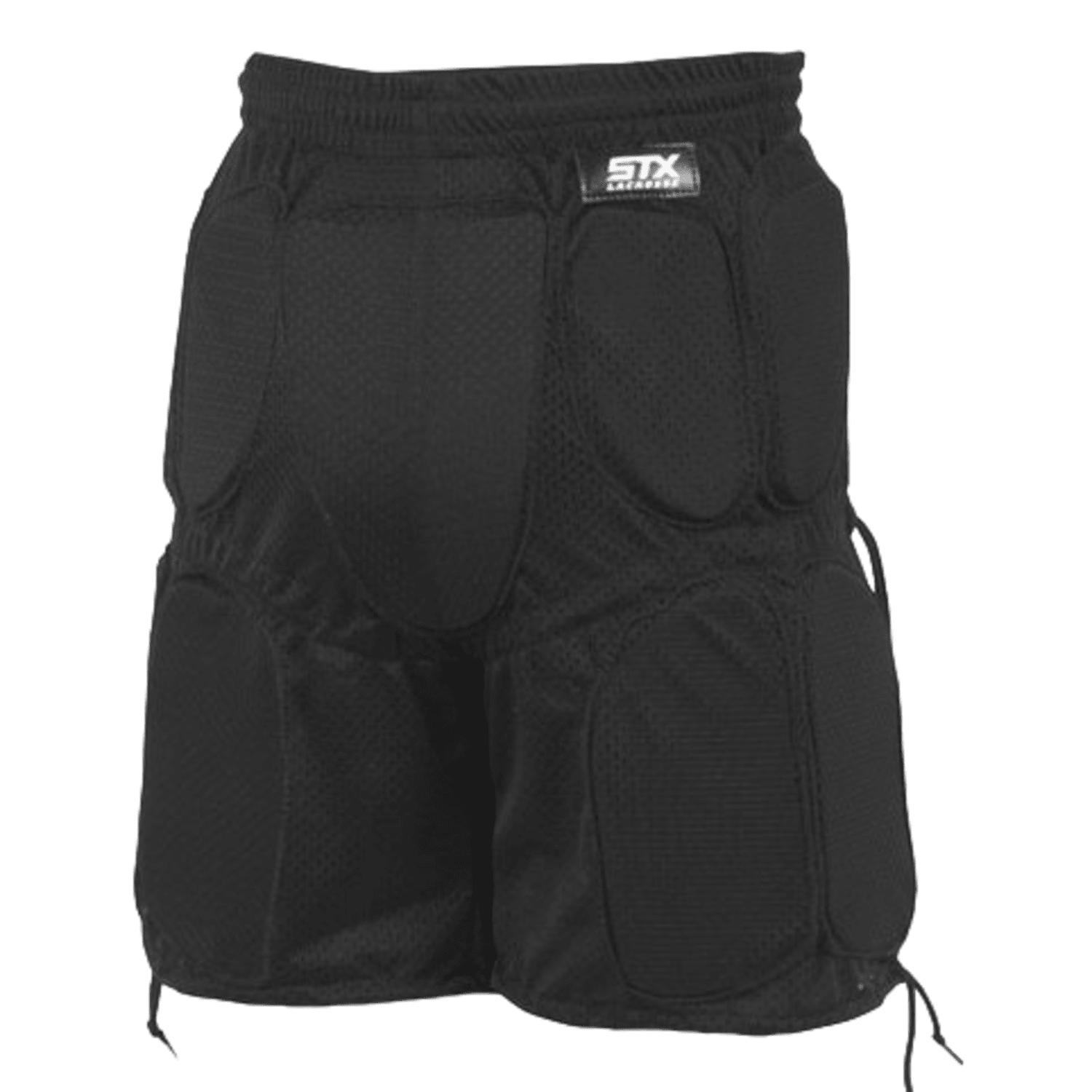 Introducing the STX Youth Goalie Pants, a pair of black athletic padded shorts specifically designed for sports protection. Perfect for young athletes, these pants feature extra padding on the thighs, hips, and tailbone areas, along with an elastic waistband to ensure a secure fit. The breathable and durable fabric is ideal for high-impact activities.