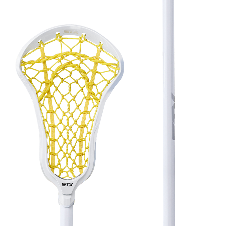 Close-up image of the STX Aria Pro-M Lock Pocket Complete Stick by Lax.com, crafted with EnduraForm technology. It showcases a yellow mesh netting and a white handle. The stick's head features an intricately knit pattern, highlighting its precision design.