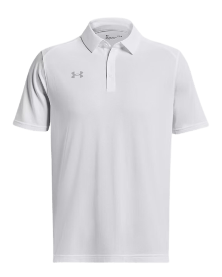 UA Team Tech Polo by Under Armour: A white short-sleeve polo shirt featuring a collared neckline, buttoned placket, and a small logo on the right chest.